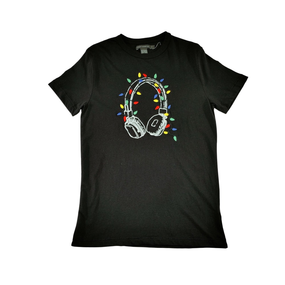 French Connection Mens Black Christmas Headphones Embroidered T-Shirt S NWOT